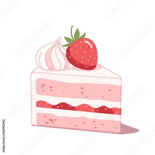 Slice of Strawberry Cake with Cream and Fresh Berry Topping, Dessert Illustration