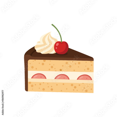 Slice of delicious cake with cherry and cream topping, isolated on white background.