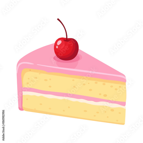 Slice of Pink Frosted Cake with Cherry on Top, Sweet Dessert Illustration