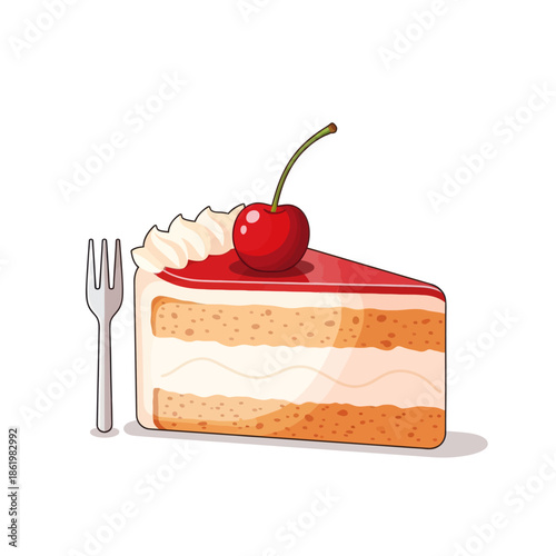 Slice of Cake with Cherry and Fork