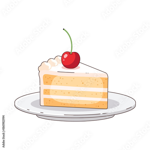 Slice of Creamy Vanilla Cake with Cherry Topping on Plate, Isolated White Background