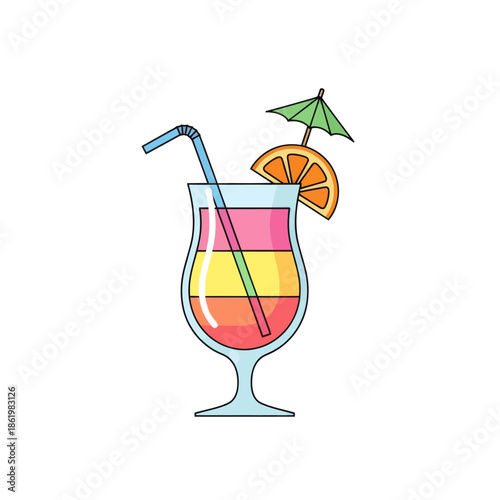 Colorful layered tropical cocktail with orange slice and umbrella, vector illustration