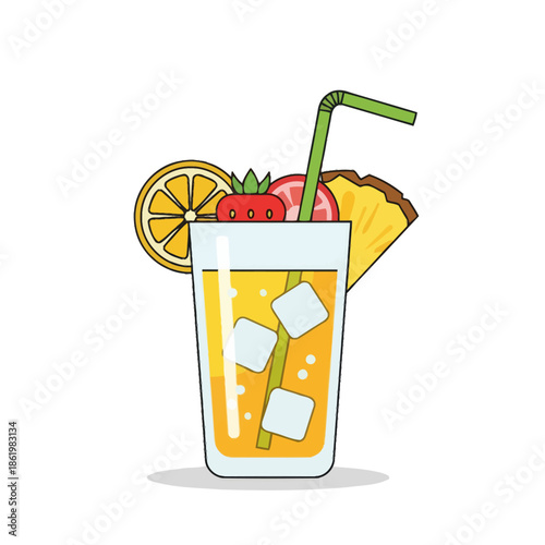 Refreshing Summer Fruit Cocktail with Ice and Straw, Vector Illustration