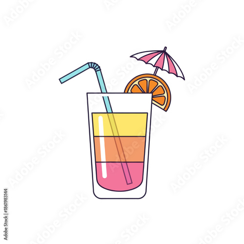 Refreshing Layered Cocktail with Orange Slice and Umbrella - Vector Illustration