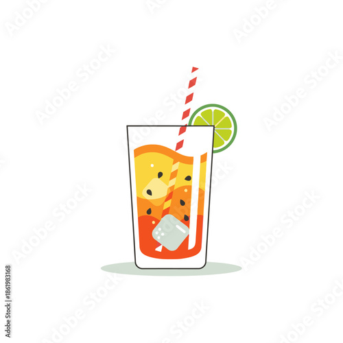 Refreshing Tropical Cocktail with Lime and Ice Cubes, Summer Drink Illustration