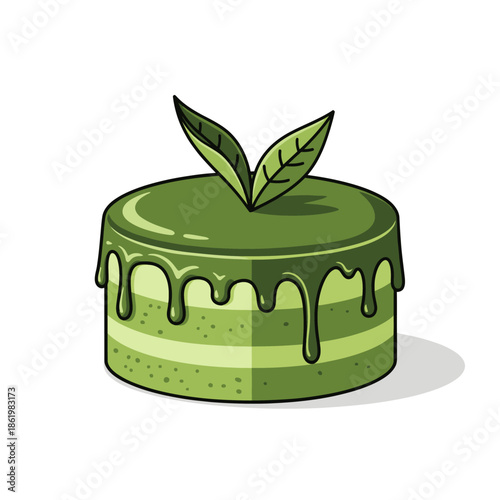 Green Matcha Cake with Drip Glaze and Leaves Illustration