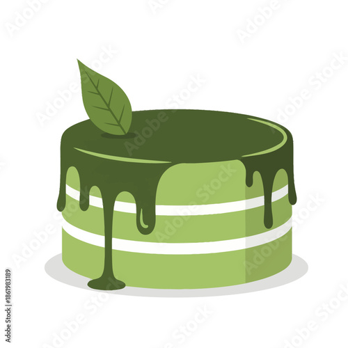 Delicious Matcha Cake with Green Glaze and Leaf Topping on White Background