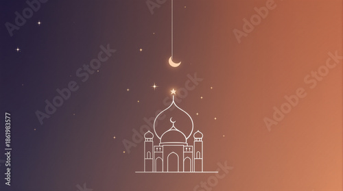 Elegant mosque illustration under starry night sky with crescent moon