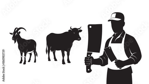 Butcher with Cleaver and Livestock Silhouettes in Minimalist Black Silhouette on White Background for Meat Industry