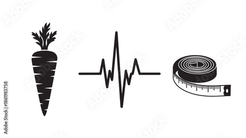 Carrot with heartbeat line and measuring tape in minimalist black silhouette on white background for health and wellness