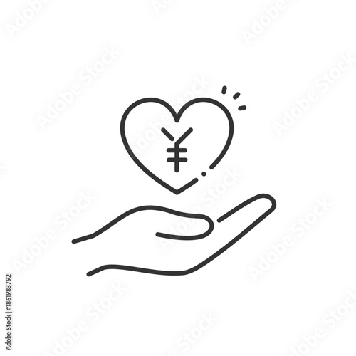 クラウドファンディングや社会保障を表すお金の支援ベクターアイコン（線画）ハート･手元･円マーク