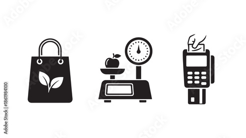 Reusable shopping bag with eco-friendly logo, kitchen scale with fresh produce, and digital payment terminal in minimalist monochrome style for e-commerce