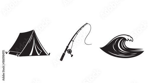 Camping tent, fishing rod, and ocean wave in simple black and white illustration for outdoor adventure branding