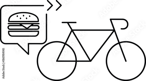 Food delivery bicycle icon with burger message bubble representing fast online ordering takeaway courier service outline design