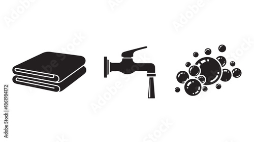 Towels and faucet with flowing water in modern minimalist style with black and white color scheme for spa and wellness