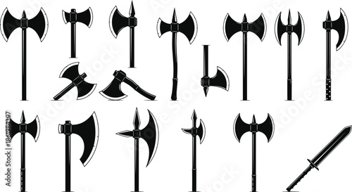 Set of medieval battle ax icons, ancient war weapons, viking hatchets, fantasy polearms, double bladed executioner axes, and knight swords for game design asset,
