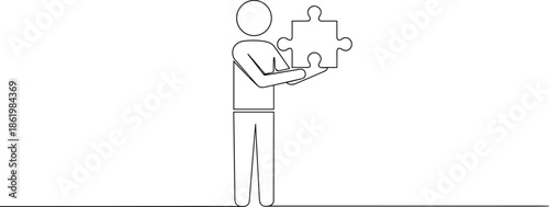 Human holding puzzle piece icon representing problem solving solution teamwork creativity innovation concept minimalist outline illustration
