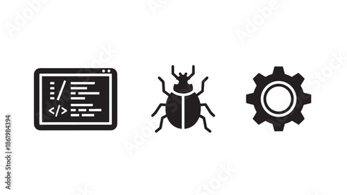 Coding Bug Fixing Settings in Minimalist Flat Design with Simple Black Icons on White Background for Web Development