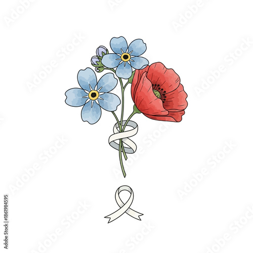Illustration of poppy and forget-me-not flowers tied with ribbon