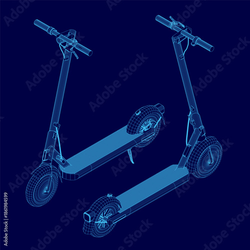 Blueprint wireframe of two sleek electric scooters with wheels and handlebars on a contrasting blue background. Isometric view