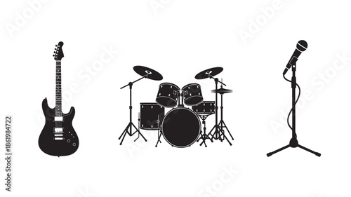 Electric Guitar, Drum Set, and Microphone on Stand in Simple Silhouette Style with Black Color on White Background for Music Industry