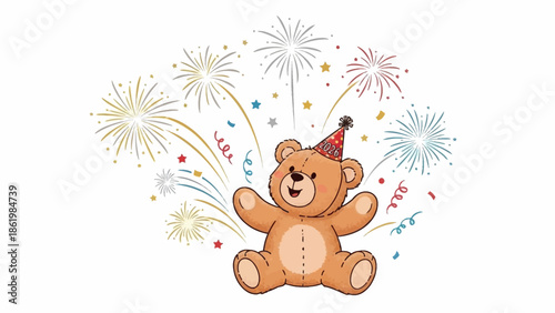 A brown teddy bear celebrates with colorful fireworks and confetti nearby