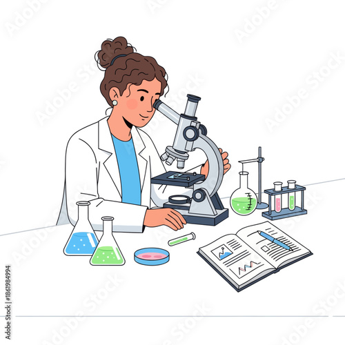 Woman scientist in lab coat using microscope, conducting research with lab equipment and samples.