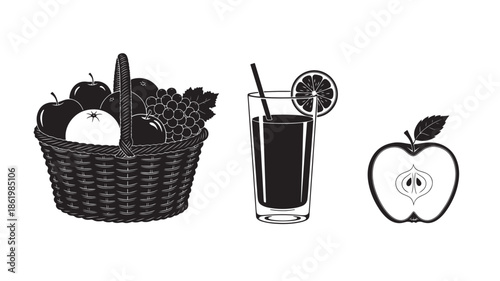 Fresh Fruit Juice in Wicker Basket with Apple Illustration in Monochrome Illustration for Healthy Lifestyle