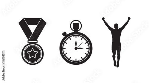 Triumphant athlete with medal and stopwatch in minimalist black silhouette on white background for sports branding