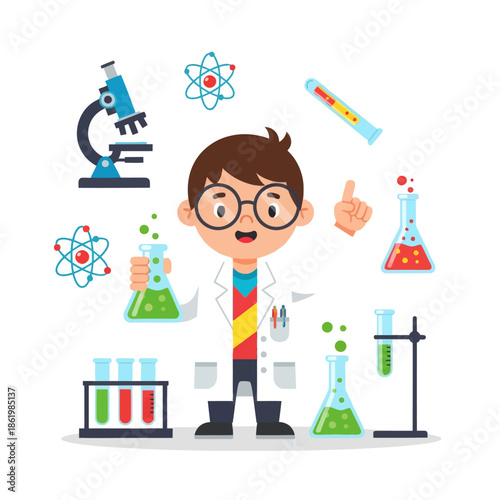 Happy Young Scientist Boy in Lab Coat with Beakers and Microscope