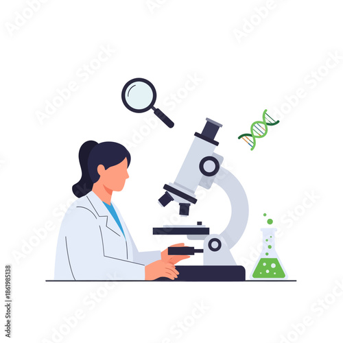 Scientist analyzing DNA with microscope, research and discovery concept