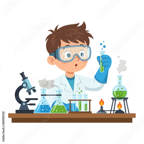 Young scientist boy in lab coat conducting experiment with beakers and microscope