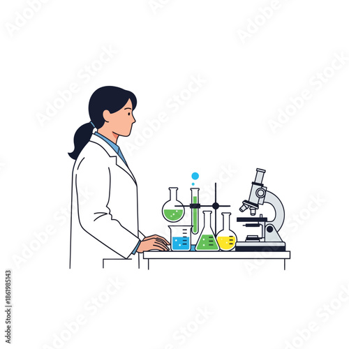Scientist in Lab Coat Working with Beakers and Microscope