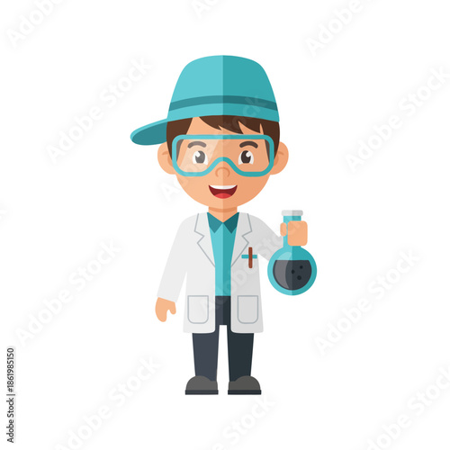 Young Boy Scientist in Lab Coat Holding Erlenmeyer Flask with Blue Liquid