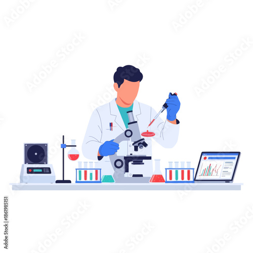 Scientist working in laboratory with microscope, pipetting liquid into petri dish