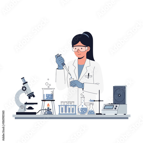 Scientist in Lab Coat Conducting Experiment with Pipette and Microscope