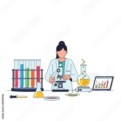 Scientist Working with Microscope in Laboratory, Colorful Test Tubes and Flasks
