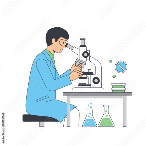 Scientist Using Microscope in Laboratory with Beakers and Petri Dishes