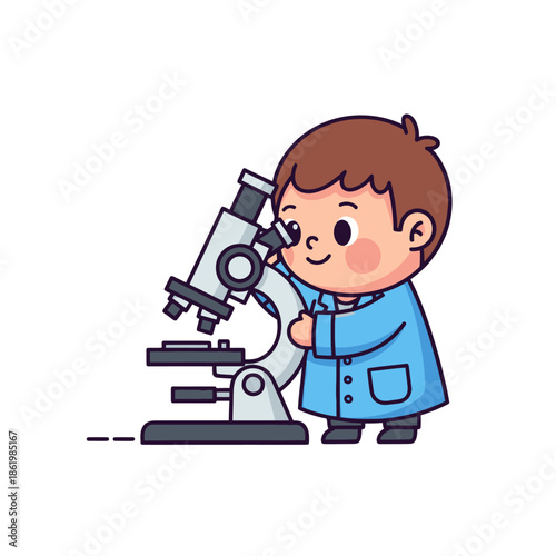 Cute Cartoon Boy Scientist Looking Through Microscope, Science Education, Discovery