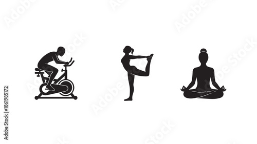 Silhouette of people exercising in various yoga and fitness poses in minimalist black style on white background for wellness and health promotion