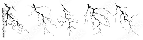 Lightning strike bolt silhouettes vector illustration set.