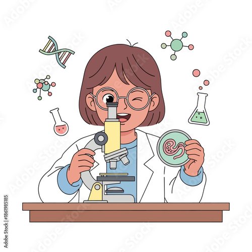 Curious child scientist in lab coat exploring DNA and cells with microscope