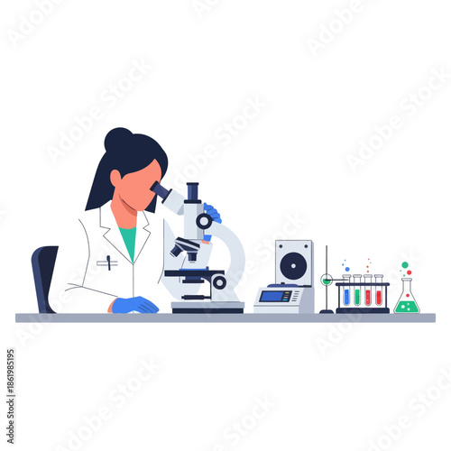 Scientist in lab coat using microscope, conducting research with lab equipment and test tubes.