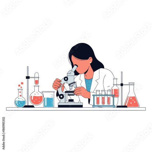 Scientist using microscope in laboratory, conducting research with test tubes and beakers