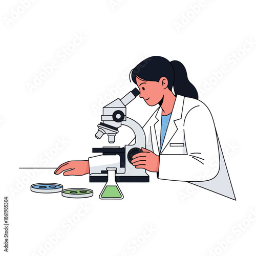 Scientist Researcher Using Microscope in Laboratory with Petri Dishes and Flask