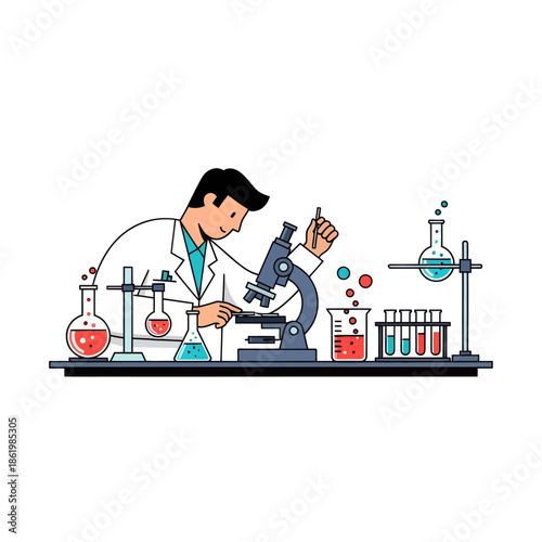 Scientist working with microscope and lab equipment, science research, illustration
