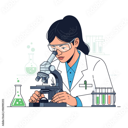 Scientist Woman Using Microscope in Laboratory with Test Tubes and Flasks