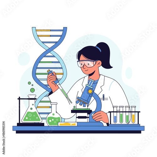 Scientist Conducting DNA Research with Microscope and Pipette in Laboratory