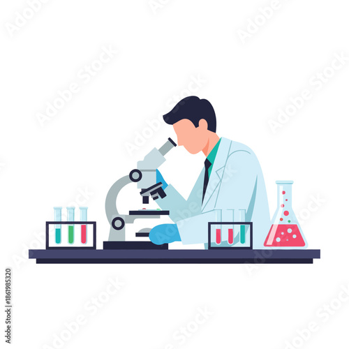 Scientist examining sample under microscope with test tubes and flasks in laboratory