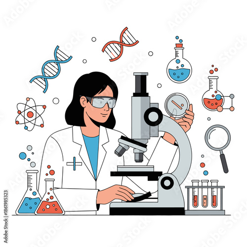 Scientist using microscope in laboratory with DNA, beakers, and test tubes - science illustration